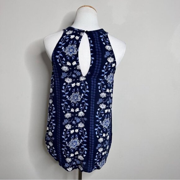 Old Navy Womens Size XS Blue Floral Tank Top Blouse High Neck Keyhole Button - Picture 2 of 9